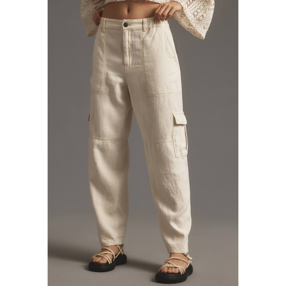 Pilcro Anthropologie Slim Linen Beach Cargo Pants Womens XS Ivory Cream Utility